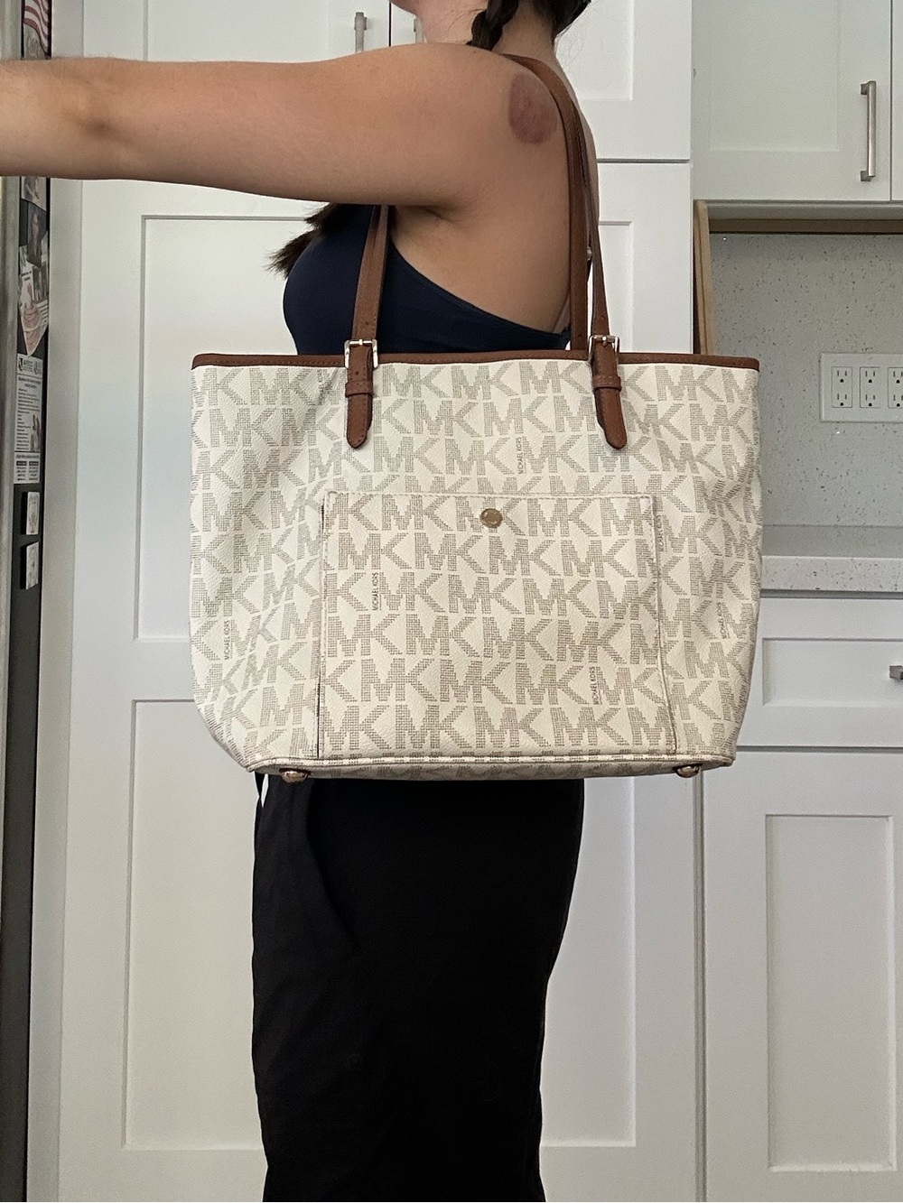 Michael Kors Cream Logo Tote with Brown Trim
